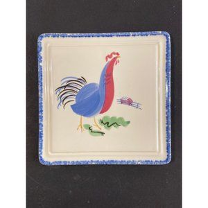 Vtg Pfaltzgraff Cream and Blue Spongeware Farm Scene w/ Rooster Stoneware Trivet